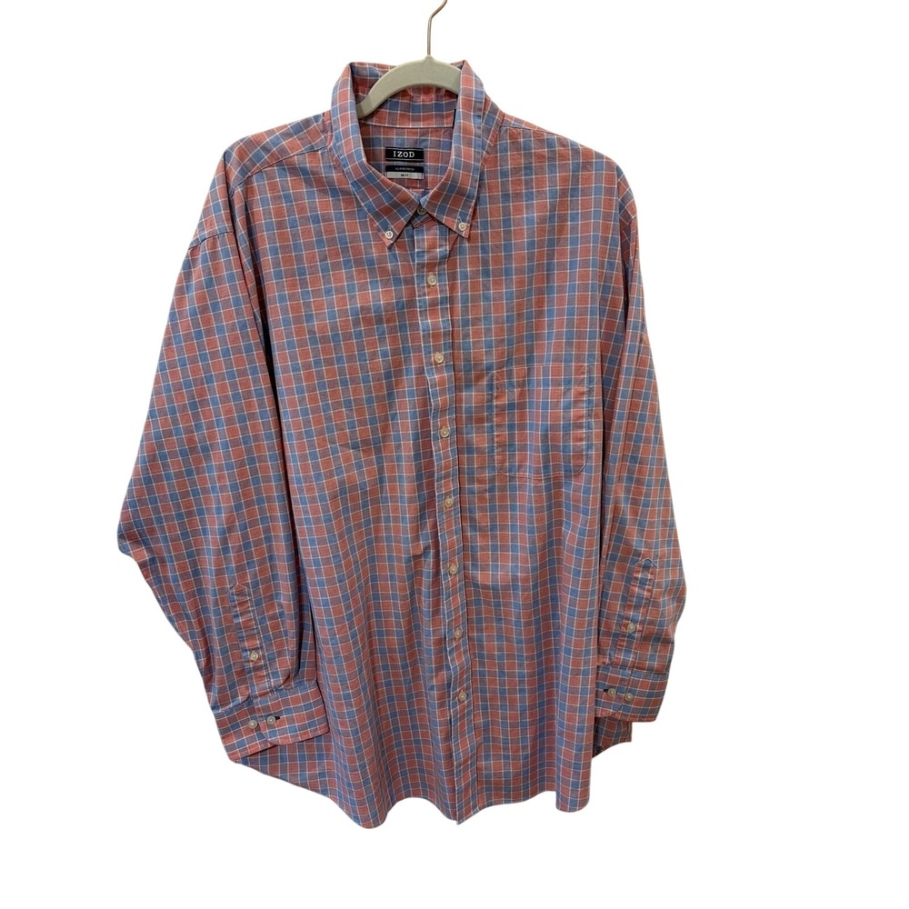 IZOD Mens Big Fit All-Over Stretch Plaid Button Down Shirt Red Blue 19 34/35